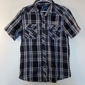 Urban Vintage Men’s Black Grey White Button Up Short Sleeve Shirt (Medium) Y2K